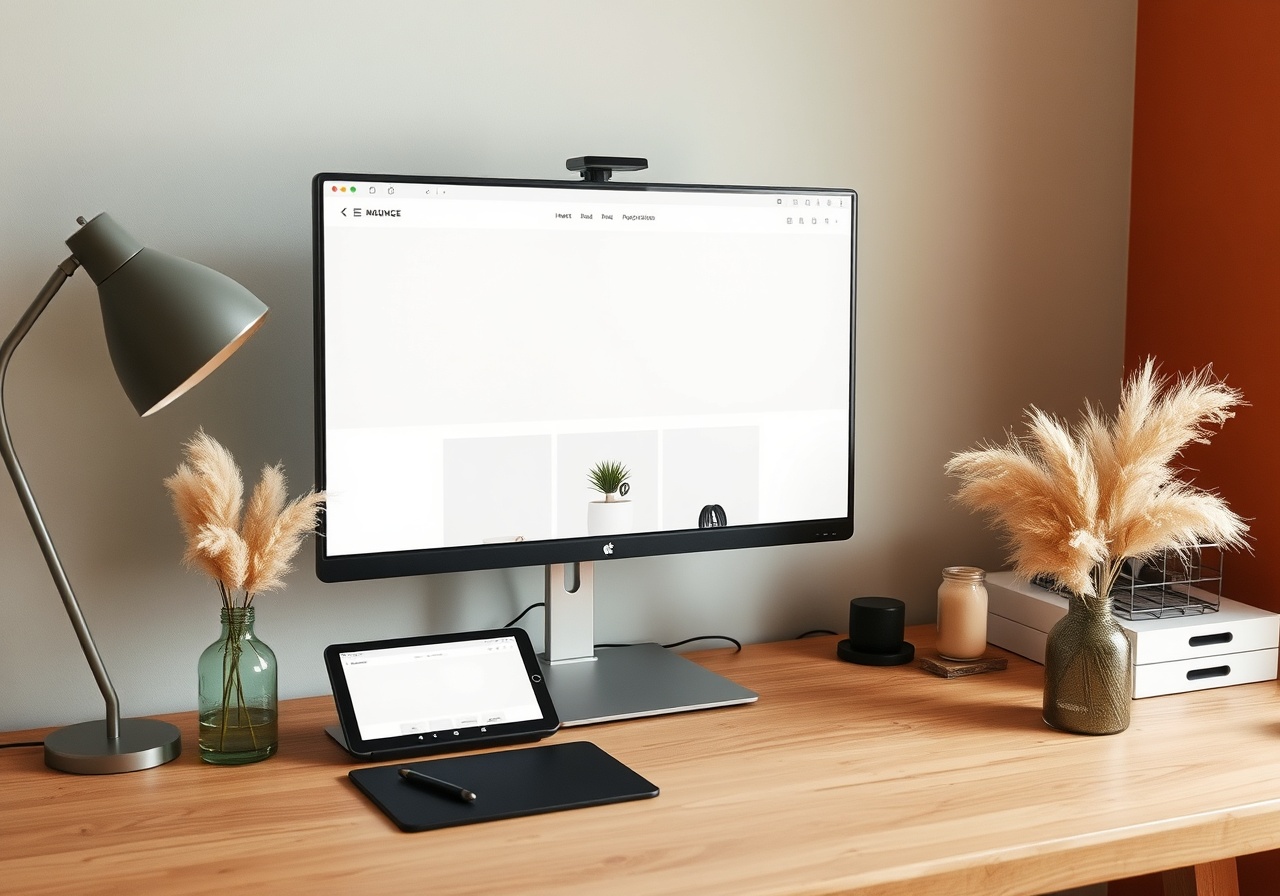 A calm workspace with a laptop displaying a clean brand website design
