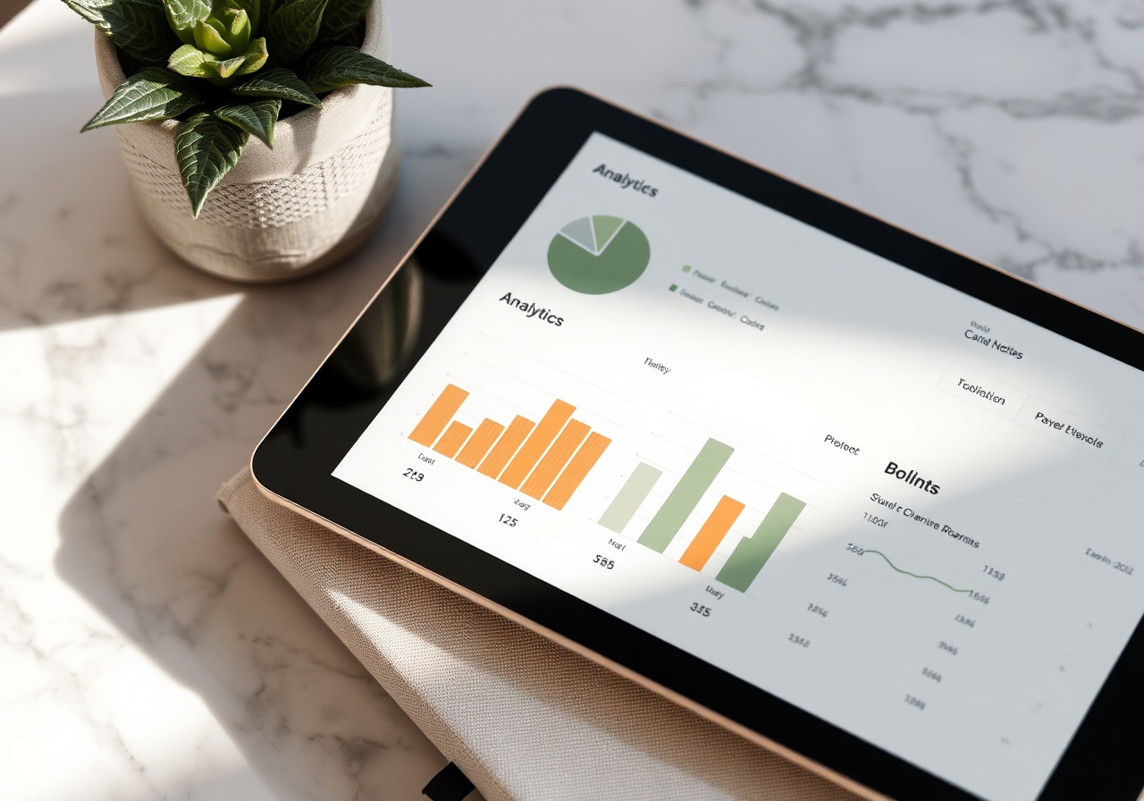 A calm workspace featuring a laptop displaying analytics graphs with a soft, terracotta and sage color palette