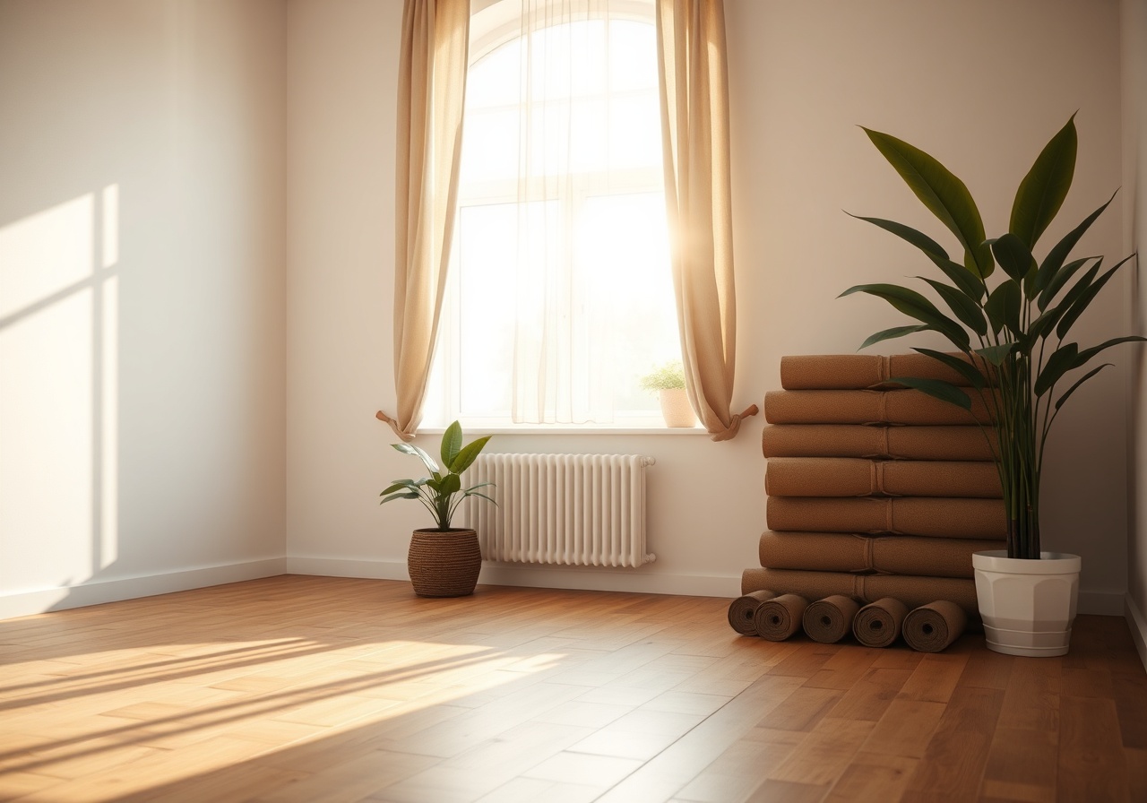 A serene yoga studio interior featuring warm terracotta walls and soft natural light filtering through large windows