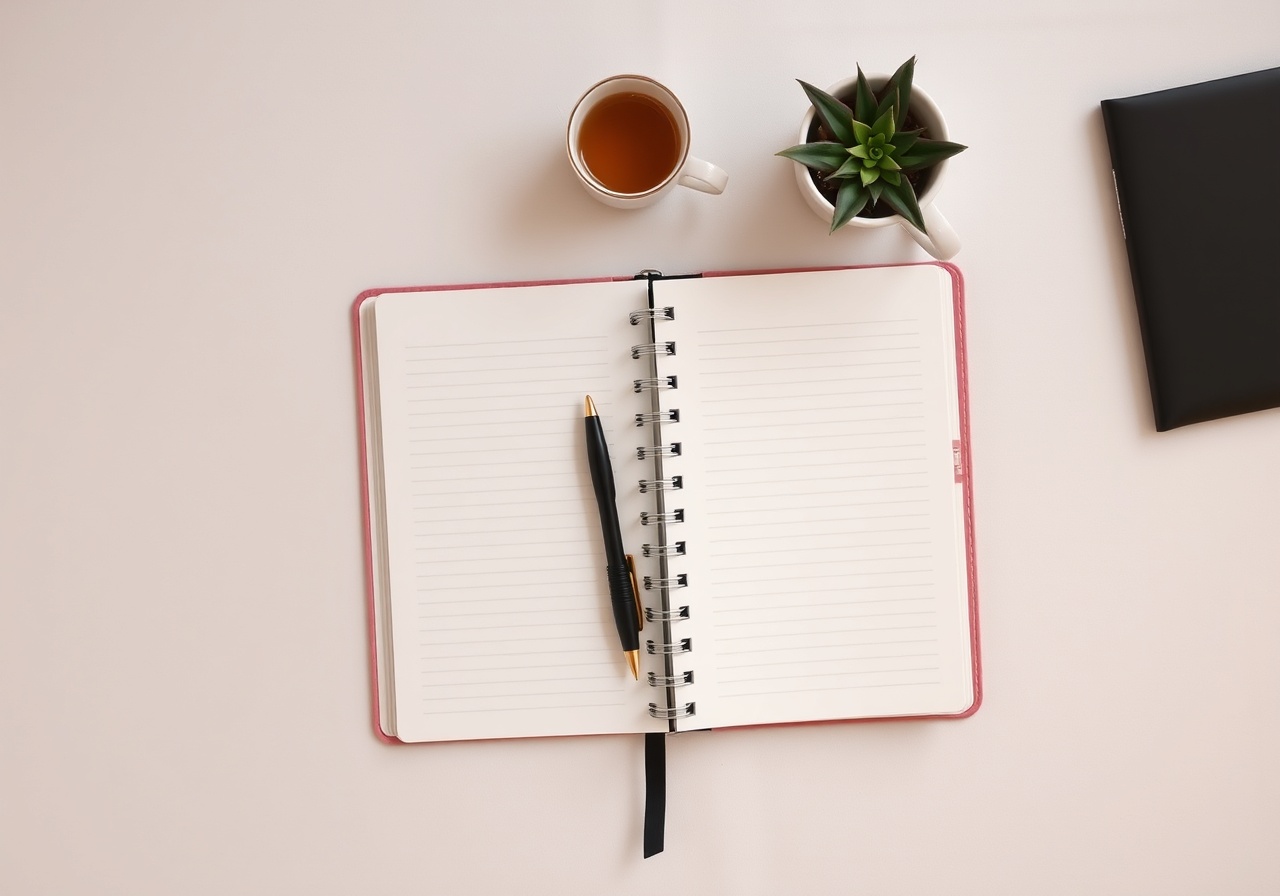 A calm workspace with a notebook and tea, representing clear planning