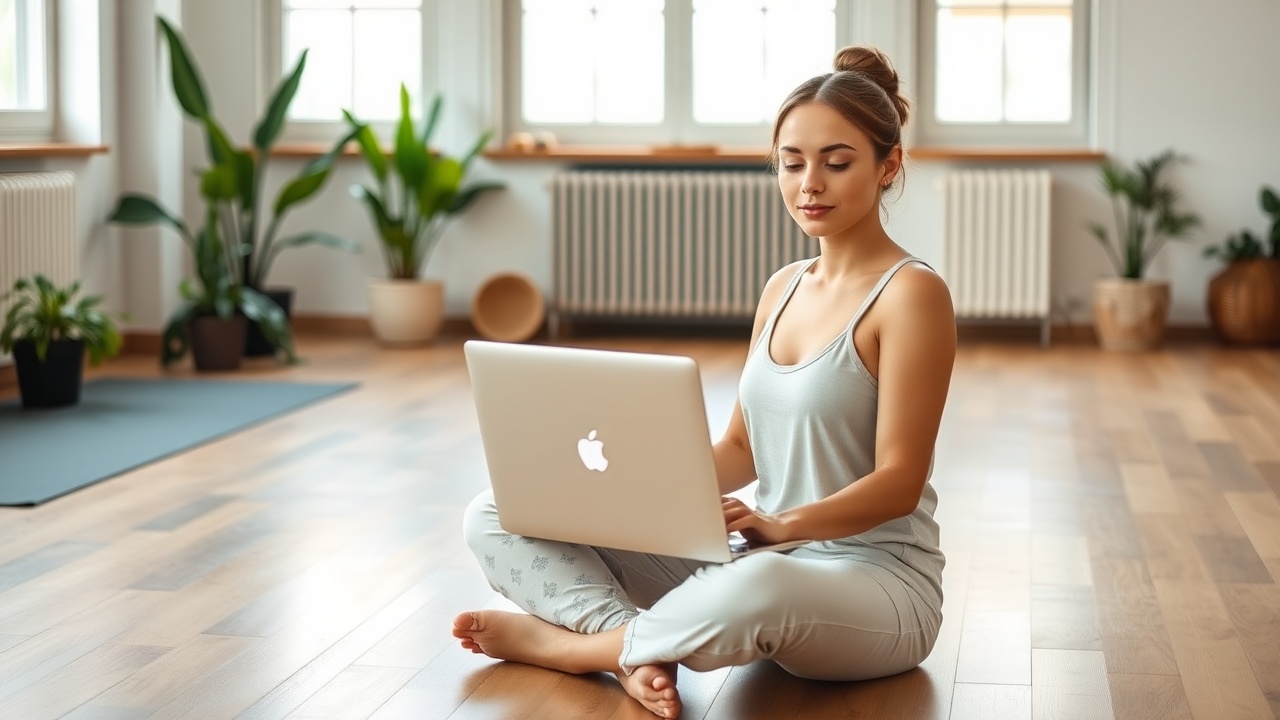 A serene yoga studio space with natural light and a calm atmosphere