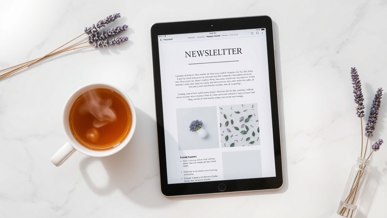 A laptop screen displaying a calm, minimalist email newsletter interface with soft lighting