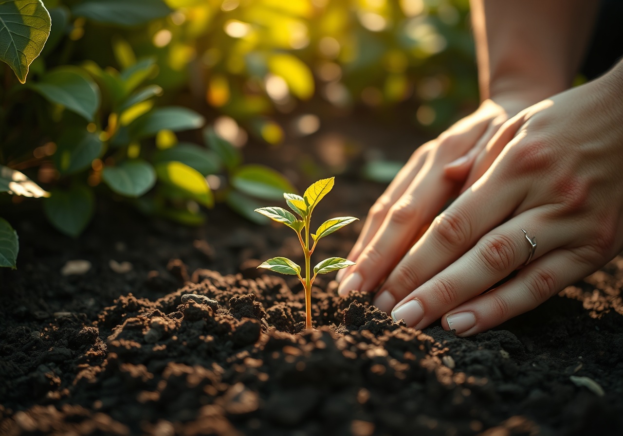 A close-up of a hand holding a potted plant next to a laptop, symbolizing nature and technology