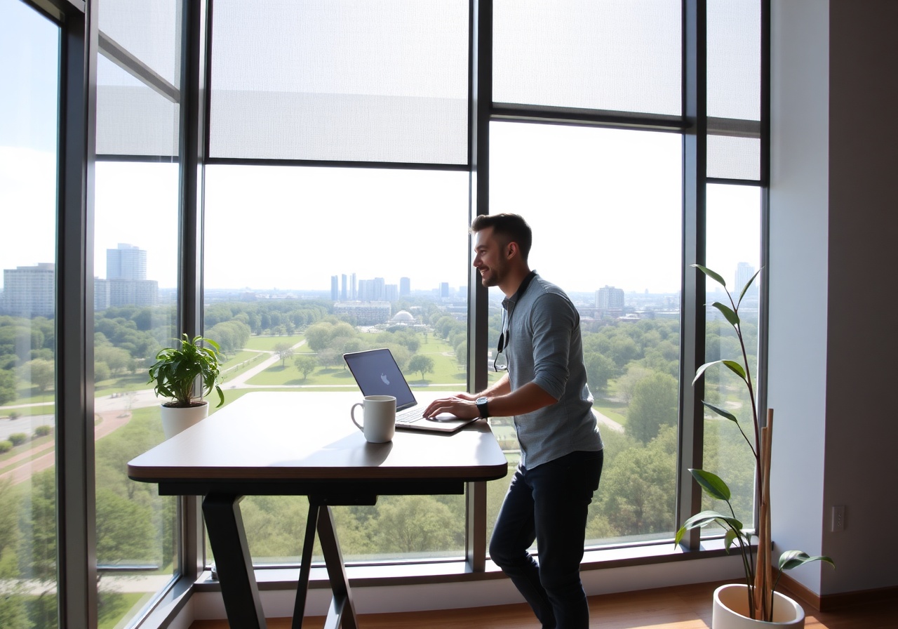 A calm, sunlit workspace with diverse team members collaborating quietly