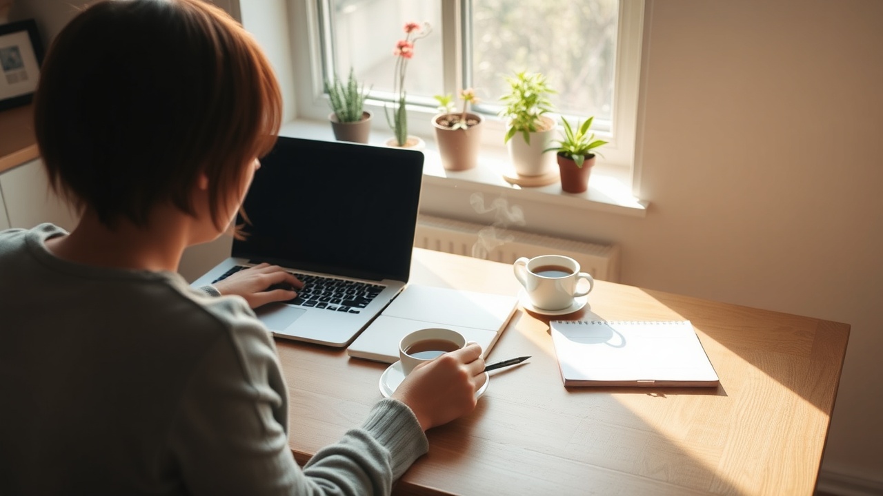 A calm workspace with a notebook and tea, reflecting thoughtful design